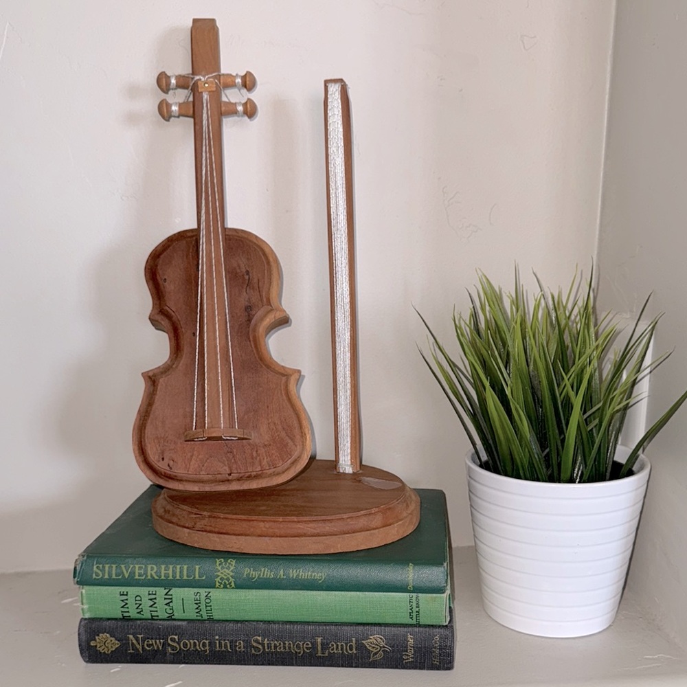 Vintage Cottage Carved Wooden Violin and Bow Sculpture Decor